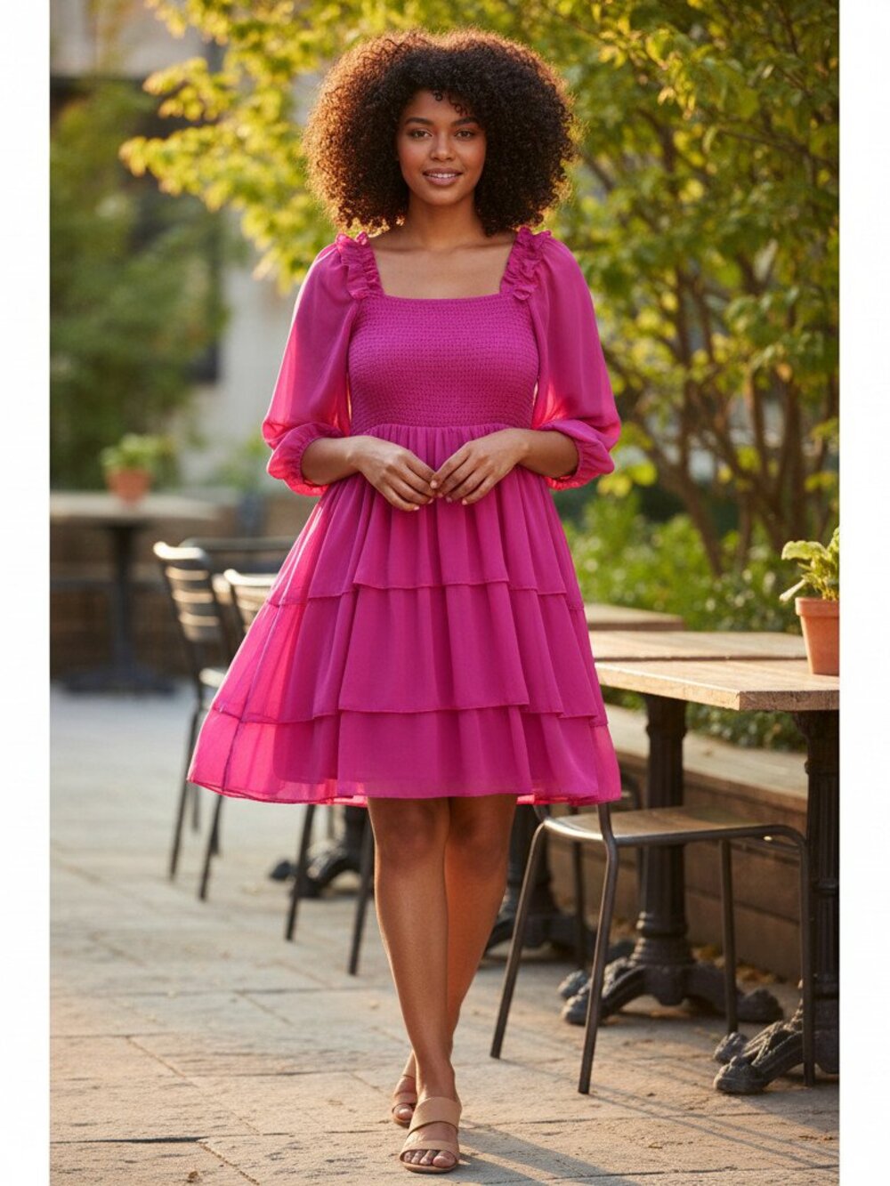 Hot Pink Smocked Ruffle Mini Dress | Romantic Cottagecore Style - Picture 2 of 11